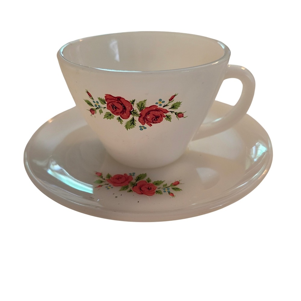 Fire-King Anniversary Rose Milk Glass Teacup and Saucer Set Anchor Hocking Vtg‎